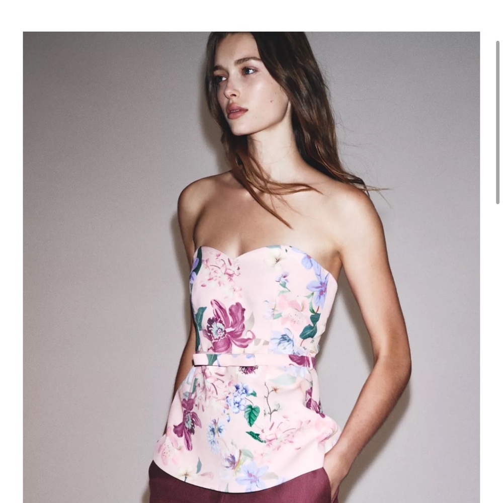 Zara Floral Sweetheart Corset Top Belted Bardot Pink NWT XS - Picture 4 of 10